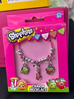 Shopkins Pink Cord Charm Necklace with Silver Beads and Character Charms